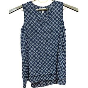 Cristina B Women Blouse Size S Blue White Geometric Print VNeck Flowy Sleeveless